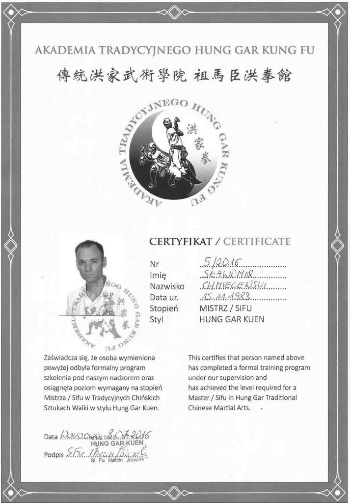 Si Fu Sławomir Chmielewski certyfikat mistrzowski